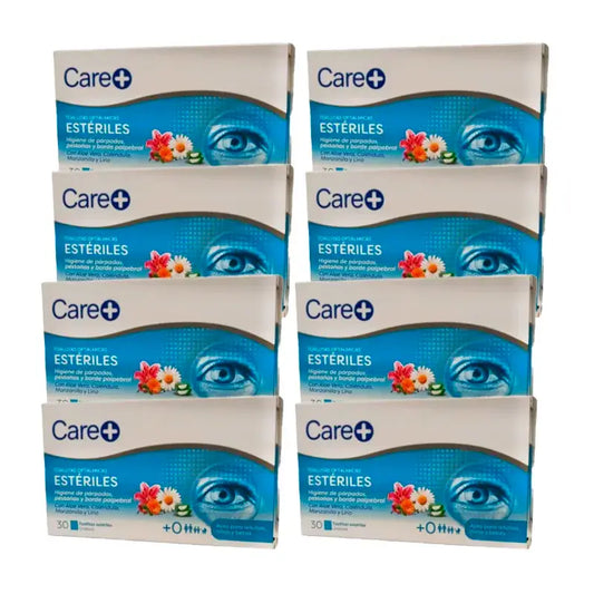 Toalhetes oftálmicos estéreis Care+, embalagem de 8 x 30 unidades