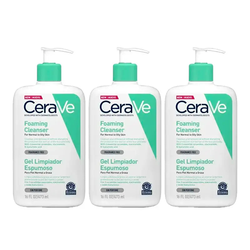 CeraVe Gel de Limpeza Espumante, Embalagem 3 x 473 ml