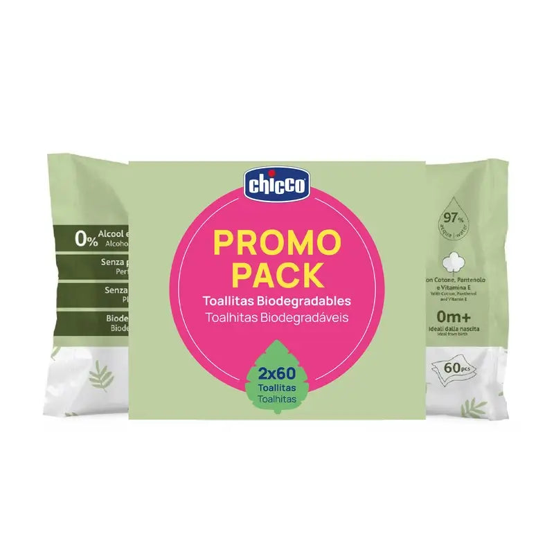 Toalhetes de limpeza biodegradáveis Chicco Bipack 2X60 unidades