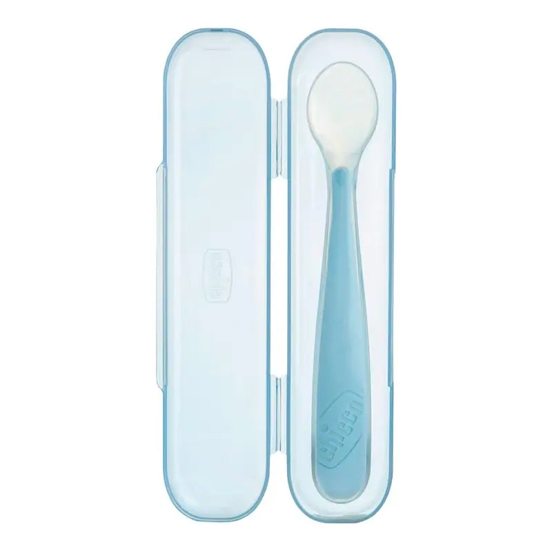 Colher de silicone Chicco Take Eat Easy com estojo.