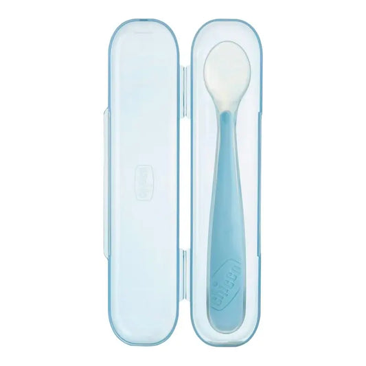 Colher de silicone Chicco Take Eat Easy com estojo.