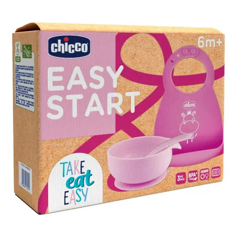 Conjunto de refeição de silicone Chicco Take Eat Easy Rosa 6M+