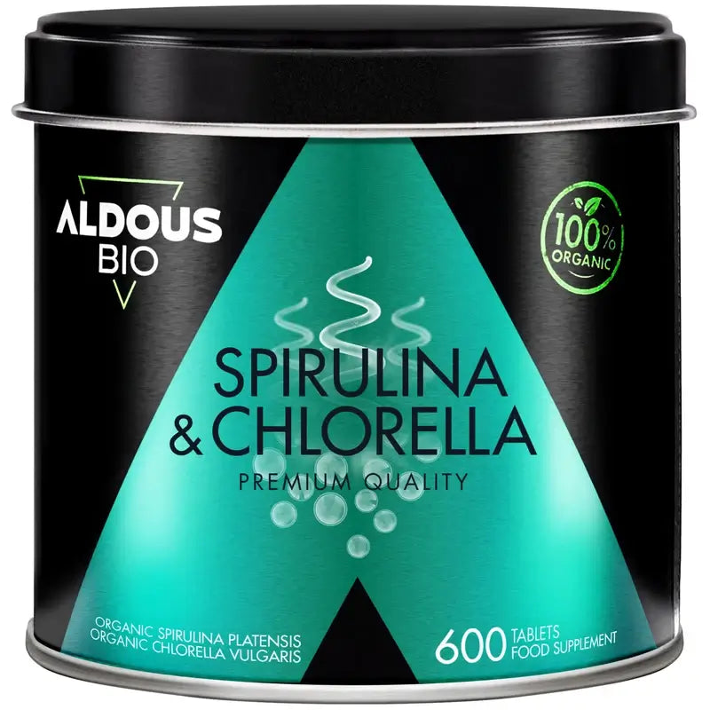 Aldous Chlorella e Spirulina Premium Orgânica, 600 unidades