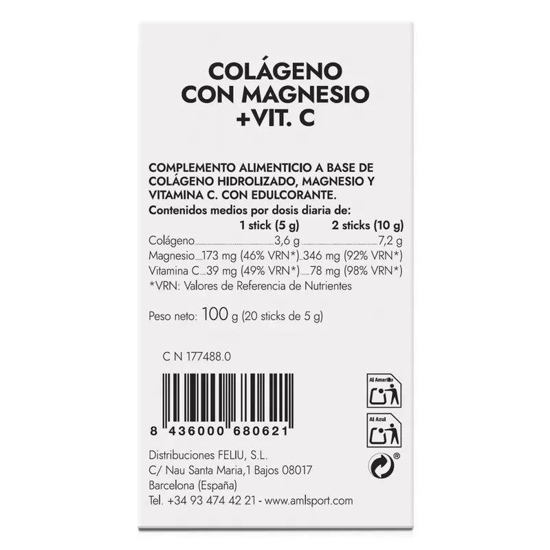 AML SPORT Colagénio com Magnésio + Vitamina C sabor morango, 20 sticks
