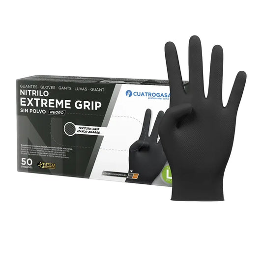 Luva de nitrilo Cuatrogasa Extreme Grip Preta L Preta, 50 unidades