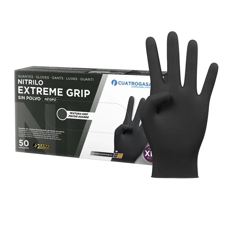 Luva Nitrílica Cuatrogasa Extreme Grip Preta Xl Preta, 50 unidades