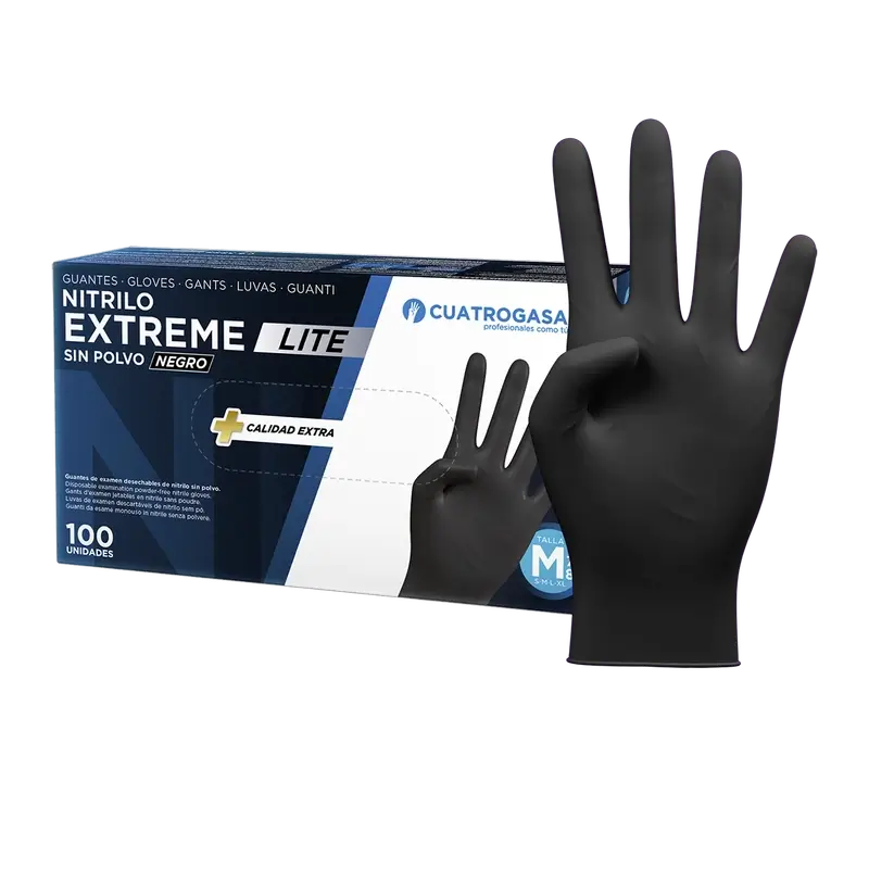 Luva Nitrílica Cuatrogasa Extreme Lite Preto M, 100 unidades