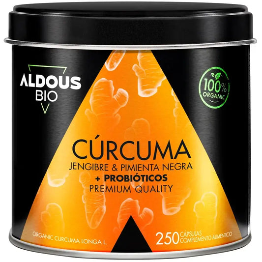 Aldous Bio Turmeric com Gengibre e Pimenta Preta com Probióticos, 250 cápsulas