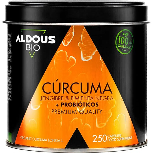 Aldous Bio Turmeric com Gengibre e Pimenta Preta com Probióticos, 250 cápsulas