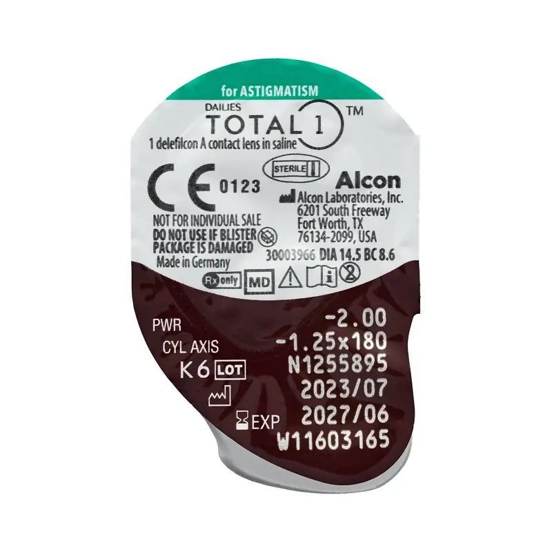 Dailies Total1 Lentes Diárias Toric , 30 unidades - -5.00, -0.75, 180, 8.6, 14.50