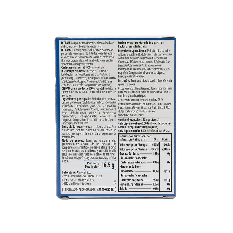 DieDam Probiótico em cápsulas entéricas - Lactobacilos, bifidobactérias e inulina