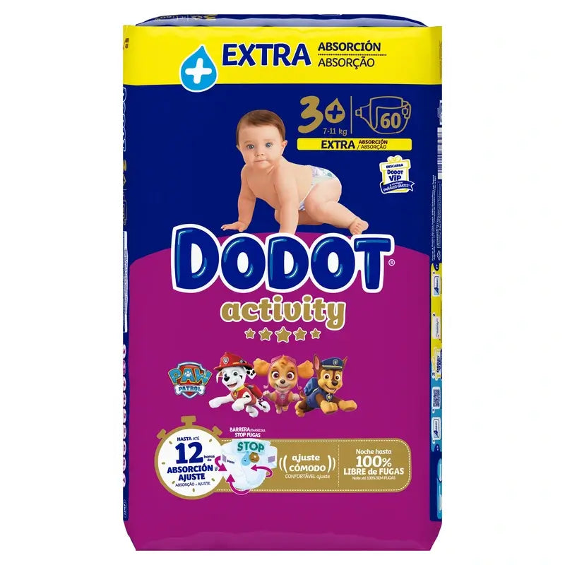Dodot Activity Tamanho 3 Extra Jumbo (7-11Kg), 60 fraldas