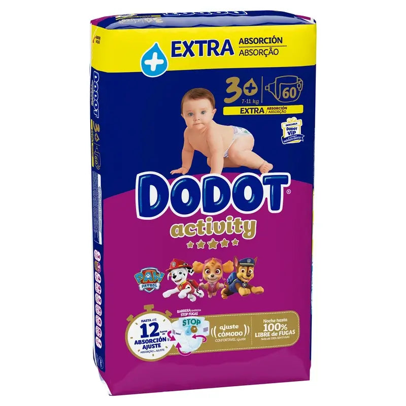 Dodot Activity Tamanho 3 Extra Jumbo (7-11Kg), 60 fraldas