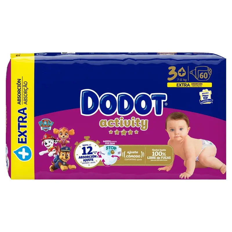 Dodot Activity Tamanho 3 Extra Jumbo (7-11Kg), 60 fraldas