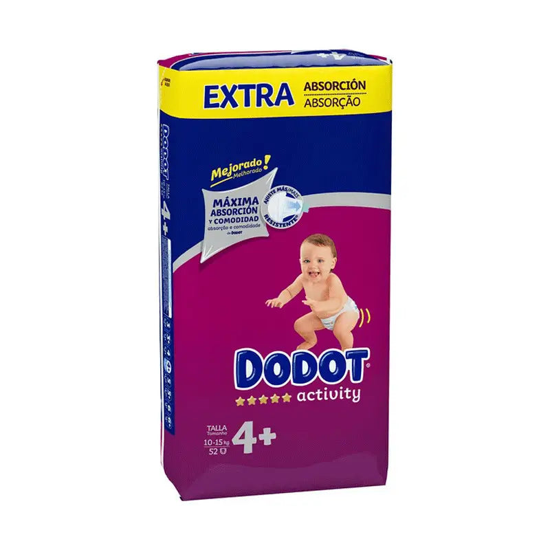 Dodot Activity Nappy Extra Jumbo Tamanho 4+ (10-15Kg), 52 unidades.