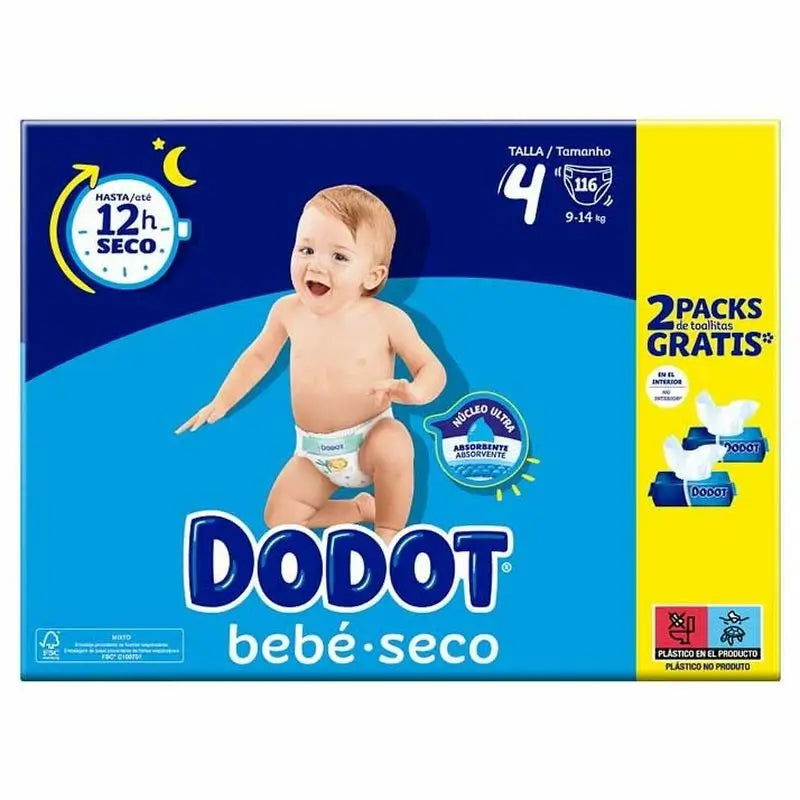 Dodot Baby Dry Tamanho 4 Fraldas + Toalhetes (9-14 kg), 116 unidades