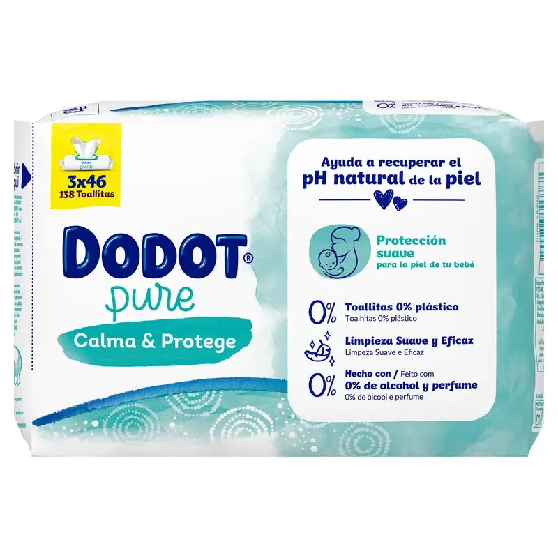 Dodot Pure Calm & Protect Toalhetes para bebés, 3 x 46 peças.