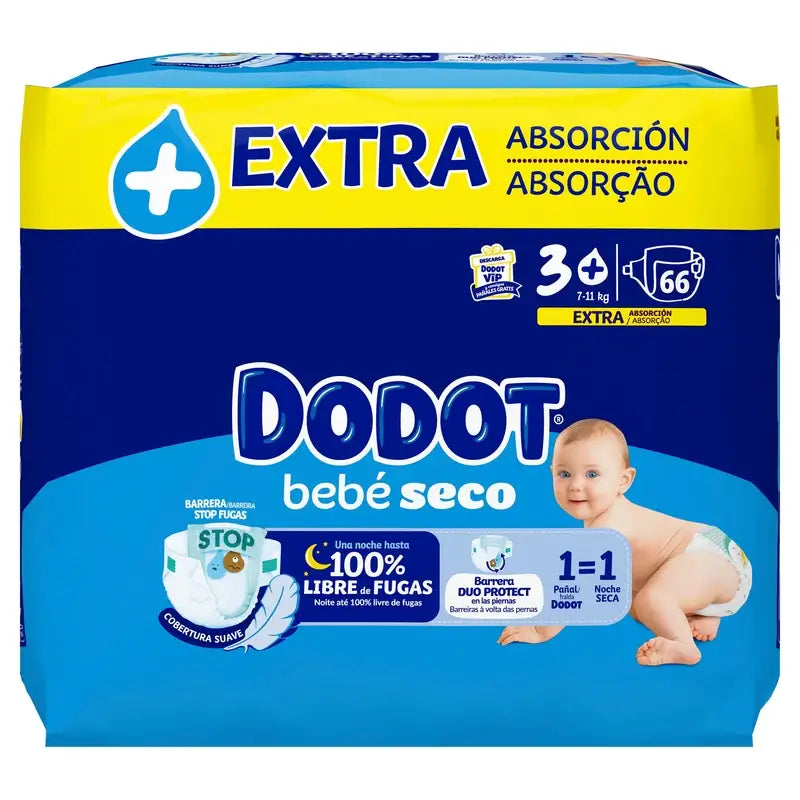 Dodot Baby Dry Tamanho 3+ (7-11 Kg), 66 fraldas