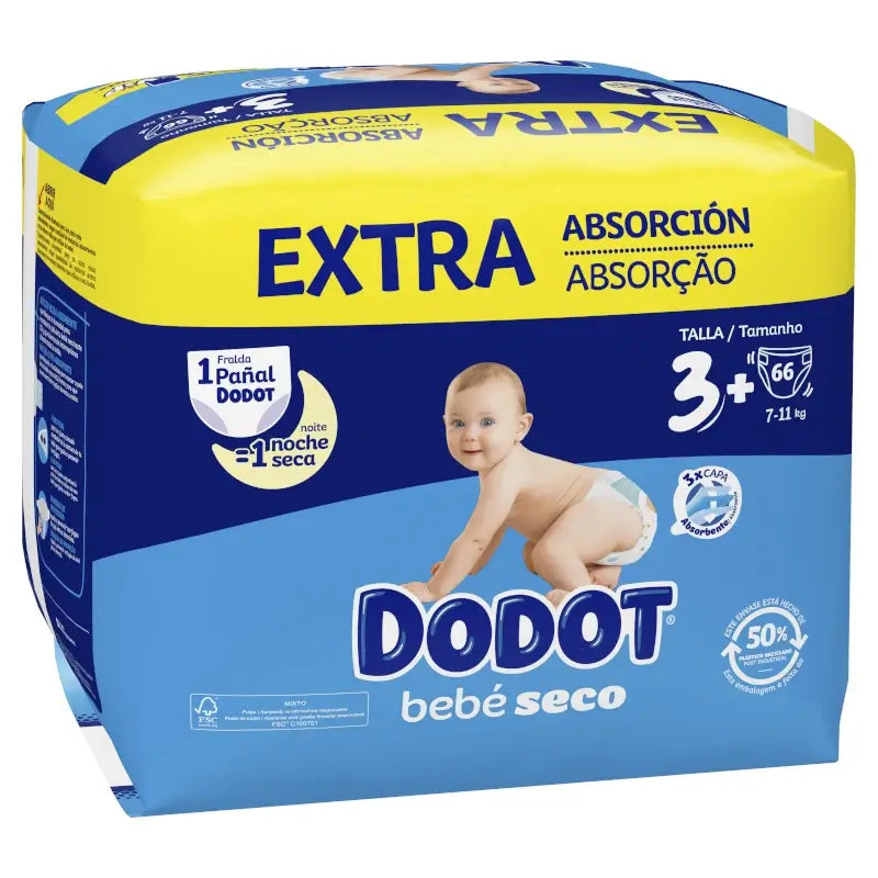 Dodot Baby Dry Tamanho 3+ (7-11 Kg), 66 fraldas
