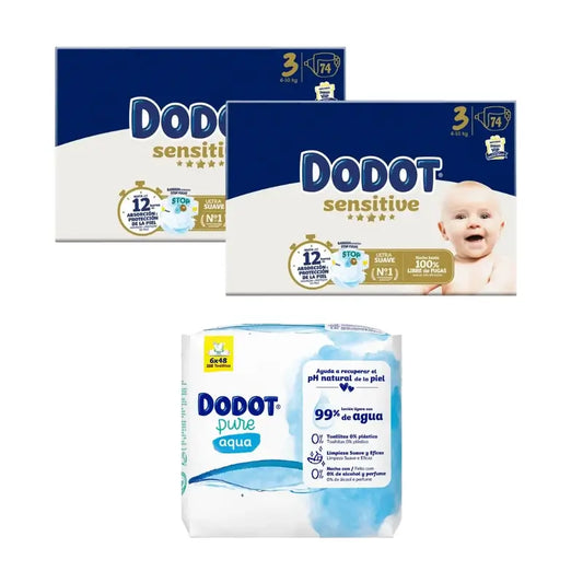 Dodot Sensitive Tamanho 3, 74 fraldas + toalhetes Pure Aqua, 288 unidades.