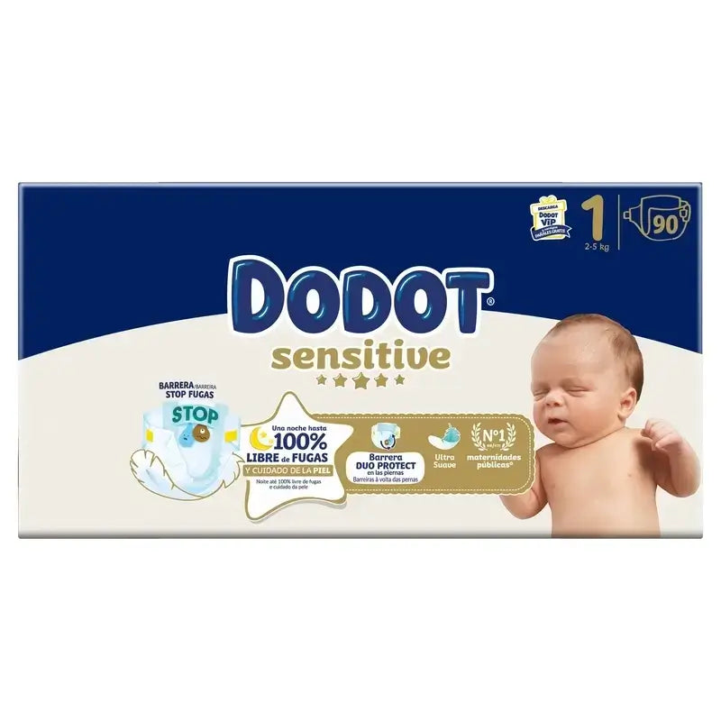 Dodot Sensitive Nappy Sensitive Jumbo Pack Tamanho 1, 2x90 unidades + Aqua Plastic Free Wipes Box 6X48 (288 unidades)