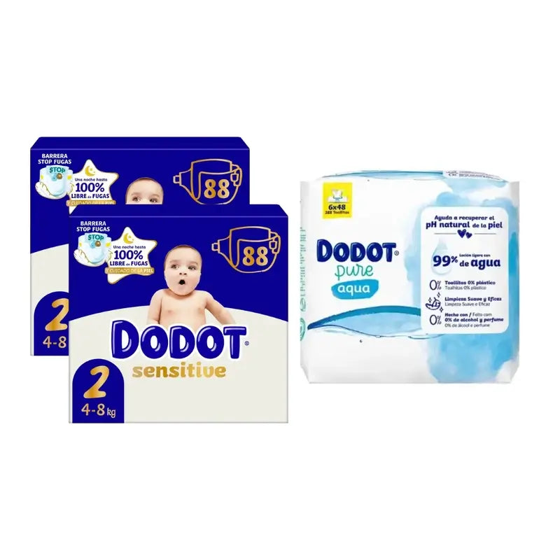 Dodot Sensitive Jumbo Sensitive Nappy Pack Tamanho 2 , 2x88 unidades + Aqua Plastic Free Wipes Box 6X48 (288 unidades)