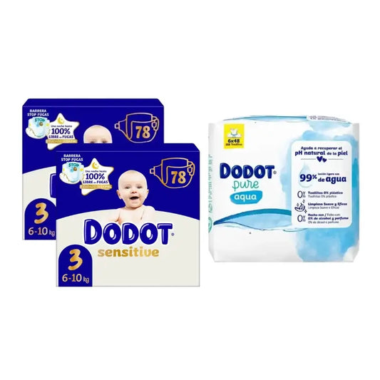 Dodot Sensitive Jumbo Sensitive Nappy Pack Tamanho 3 , 2x78 unidades + Aqua Plastic Free Wipes Box 6X48 (288 unidades)