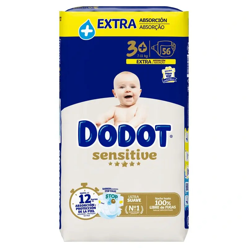 Dodot Sensitive Extra Jumbo Tamanho 3+, 56 fraldas