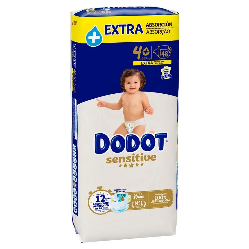 Dodot Sensitive Nappies Extra Absorvência 10-15 kg Tamanho 4+, 48 unidades.
