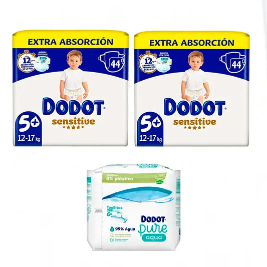 Dodot Sensitive Tamanho 5, 2 x 44 fraldas + Pure Aqua Baby Wipes 288 pcs.