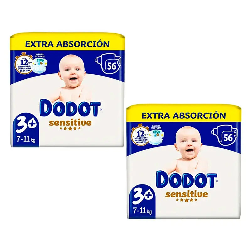 Dodot Sensitive Extra Jumbo Tamanho 3+, embalagem de 2 x 56 fraldas