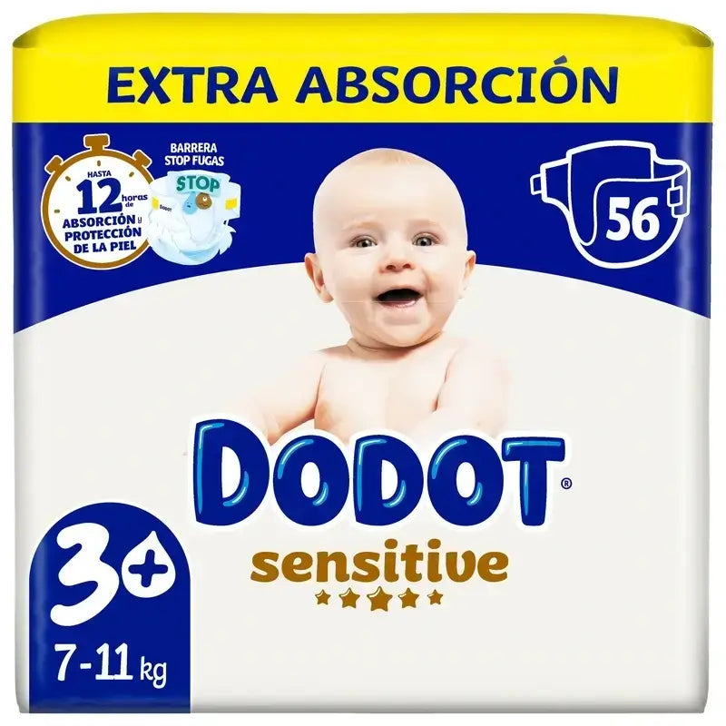 Dodot Sensitive Extra Jumbo Tamanho 3+, embalagem de 2 x 56 fraldas
