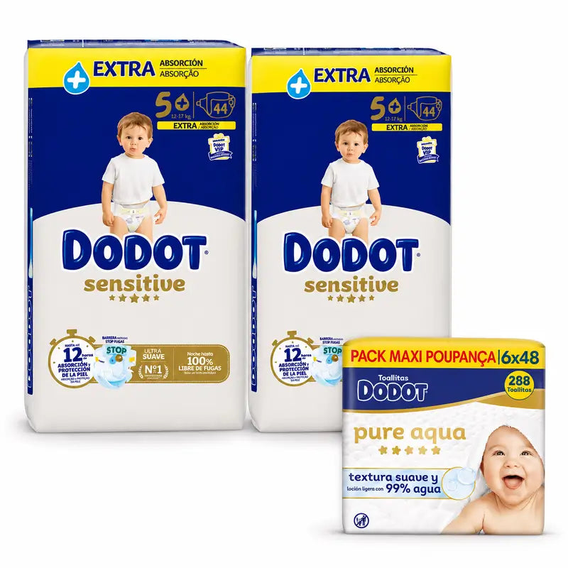 Dodot Sensitive Extra Jumbo Tamanho 5, 88 fraldas + Dodot Pure Aqua 288 toalhetes