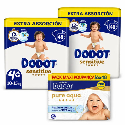 Dodot Sensitive Nappies Extra Absorvência 10-15 kg Tamanho 4+, 96 unid. + Dodot Pure Aqua 288 Toalhetes