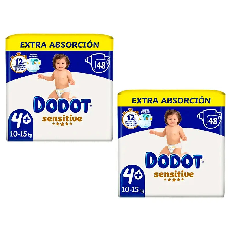 Dodot Sensitive Nappies Extra Absorvência 10-15 kg Tamanho 4+, Embalagem 2 x 48 unidades