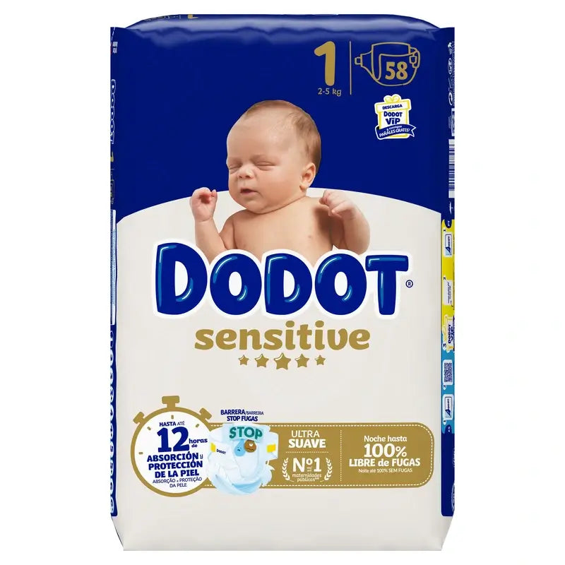 Dodot Sensitive Fralda para recém-nascido tamanho 1 (2-5 kg), 58 unidades