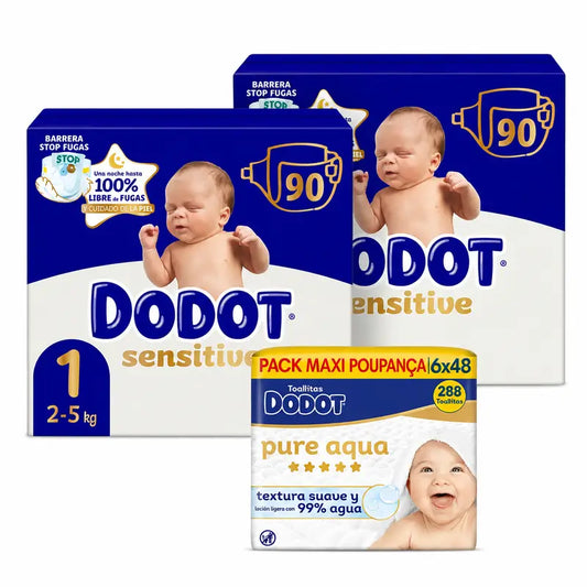 Dodot Sensitive Tamanho 1, 2kg-5kg, 180 fraldas + Dodot Pure Aqua 288 toalhetes
