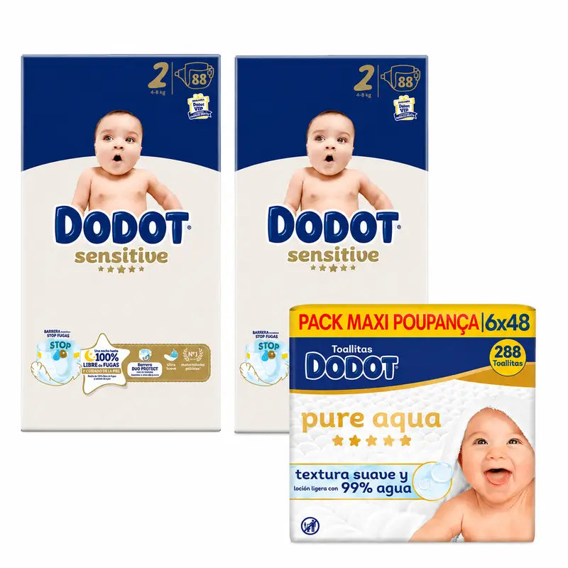 Dodot Sensitive Tamanho 2, 4kg-8kg, 176 fraldas + Dodot Pure Aqua 288 toalhetes
