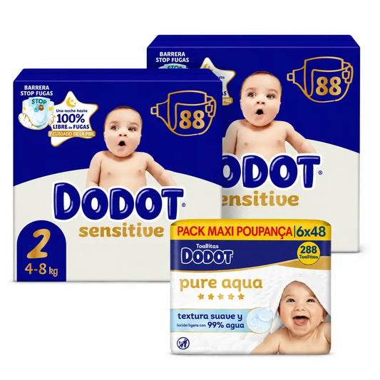 Dodot Sensitive Tamanho 2, 4kg-8kg, 176 fraldas + Dodot Pure Aqua 288 toalhetes
