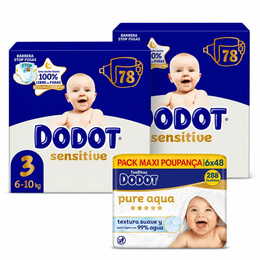Dodot Sensitive Tamanho 3, 6kg-10kg, 156 fraldas + Dodot Pure Aqua 288 toalhetes