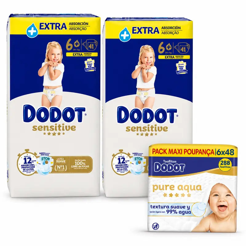Dodot Sensitive Tamanho 6, 82 fraldas + Dodot Pure Aqua 288 toalhetes