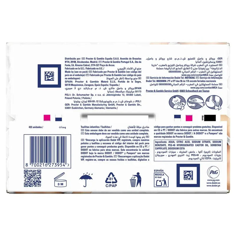 Toalhetes Dodot Pure Aqua, 9x48, 432 unid.