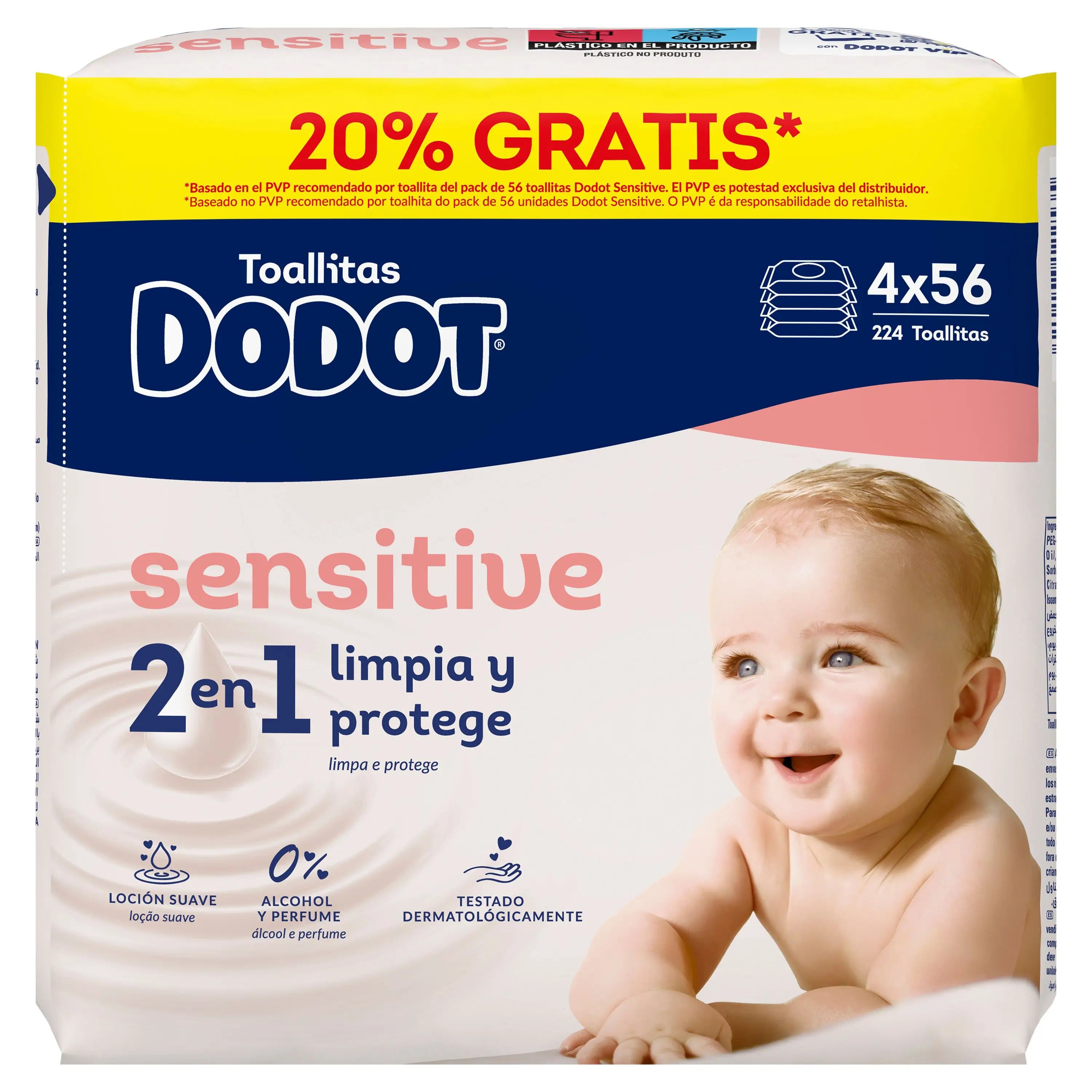 Toalhetes Dodot Sensitive, 4x56, 224 unidades (20% GRÁTIS)