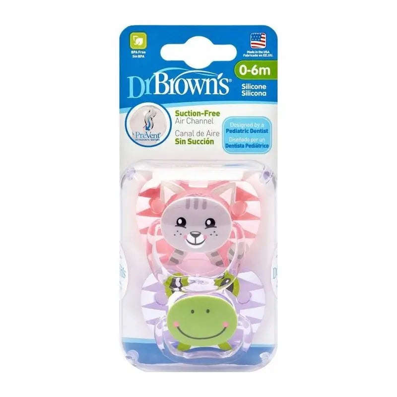 Dr. Brown's Prevent Classic Animal Faces Soother T1 0-6 Meses Menina, 2 unidades