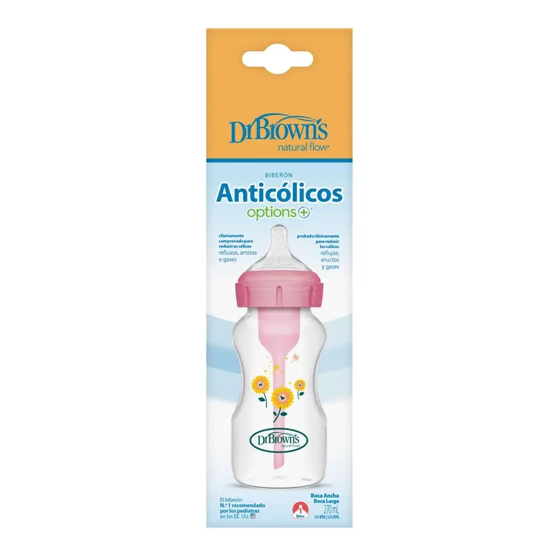 Biberão de boca larga Dr.Brown's Pink Flowers Pp Options+ , 270 ml