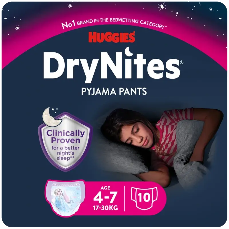 Drynites Night Nappies Tamanho 4-7 Menina, 10 unidades.