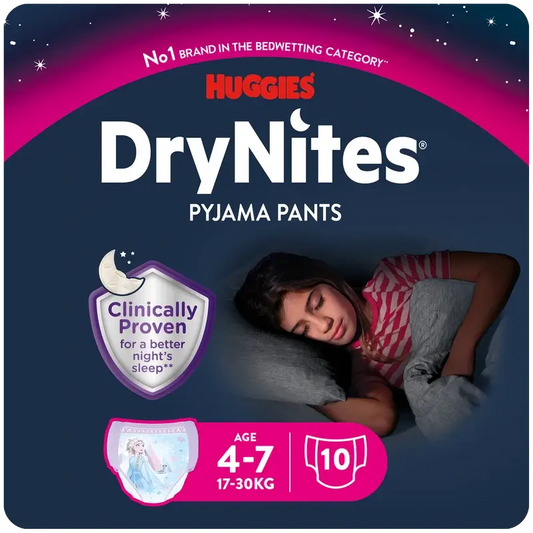 Drynites Night Nappies Tamanho 4-7 Menina, 10 unidades.