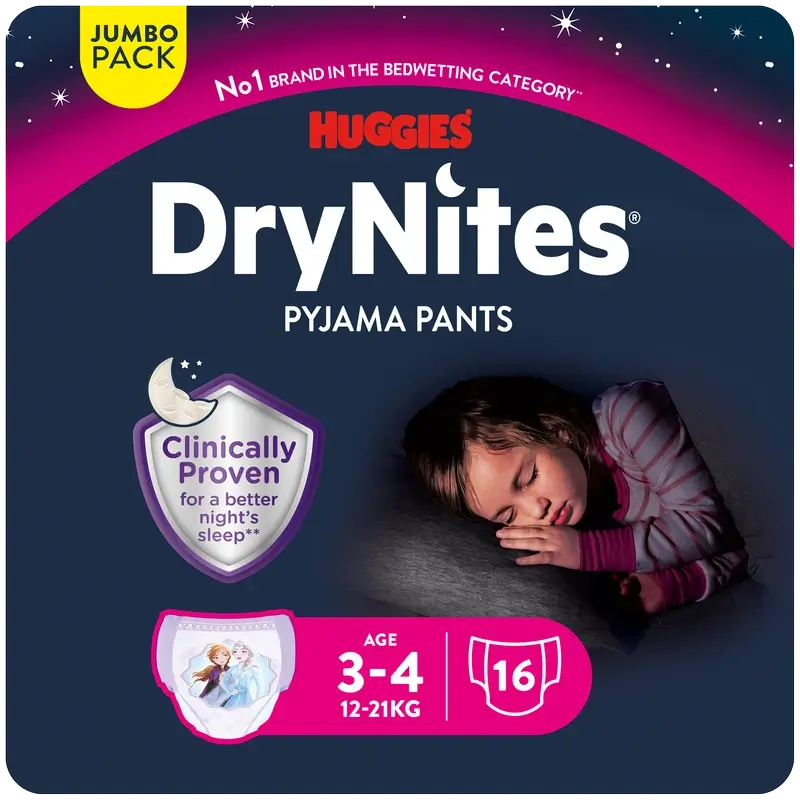 Drynites Tamanho 3-4 Fraldas de noite para raparigas, 16 unidades.