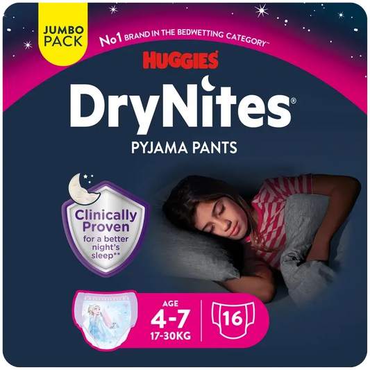 Drynites Tamanho 4-7 Fraldas de noite para raparigas, 16 unidades.