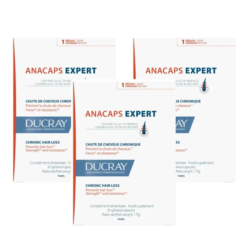 Ducray Anacaps Expert Suplemento Anti-Queda de Cabelo, Embalagem 3 x 30 Cápsulas